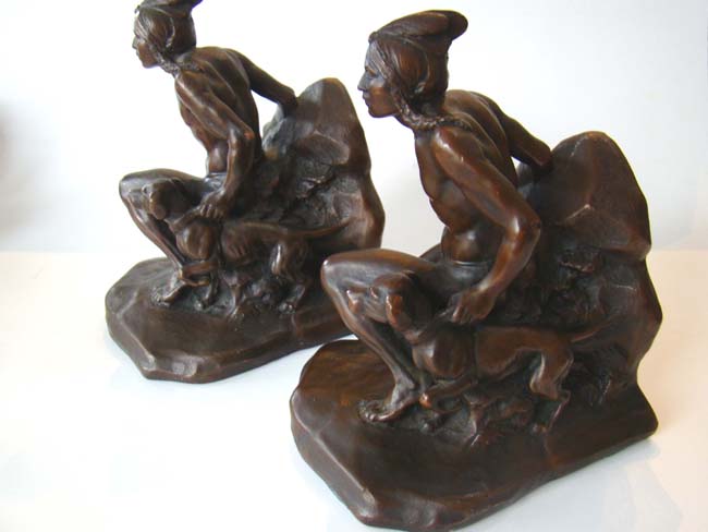 A fine pair of an Indian and his dog bookends by Jennings Brothers of Bridgeport, CT., circa 1930 — image 2